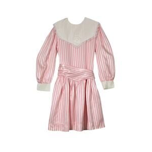 VTG Bonnie Jean Satin Dress Sz 8 Pink White Striped Long Sleeve Collar Lace